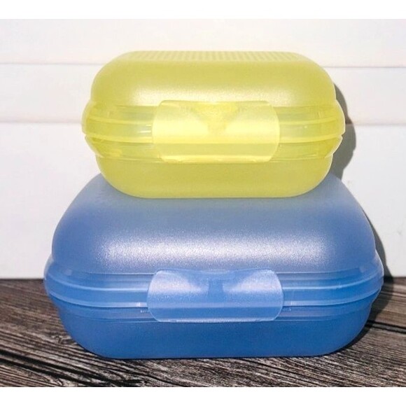 2 Tupperware Oyster Clamshell Containers Blue #2800A Yellow #3430A Lunch Snack - Picture 1 of 3